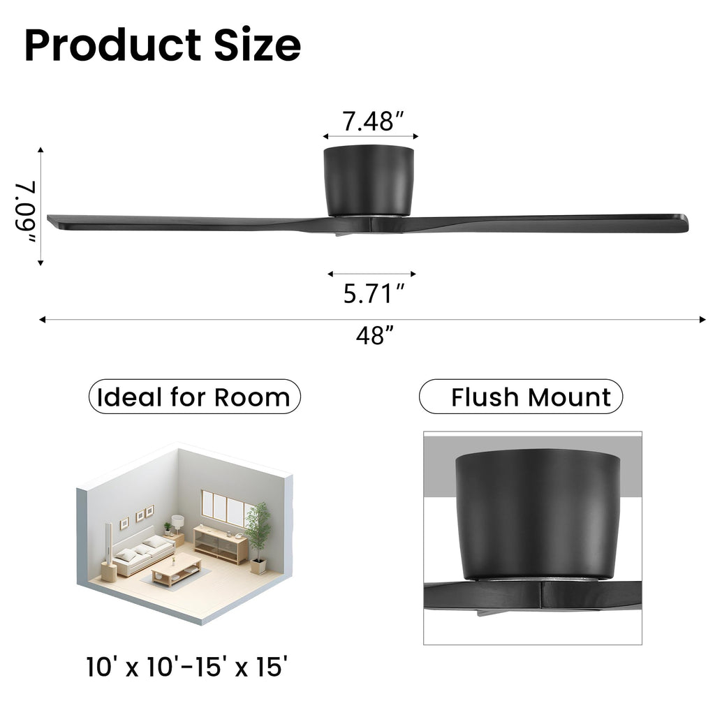48 Inch Ceiling Fan without Light, Flush Mount Low Profile Fan with 3 Solid Wood Blades, Quiet Reversible DC Motor, 6