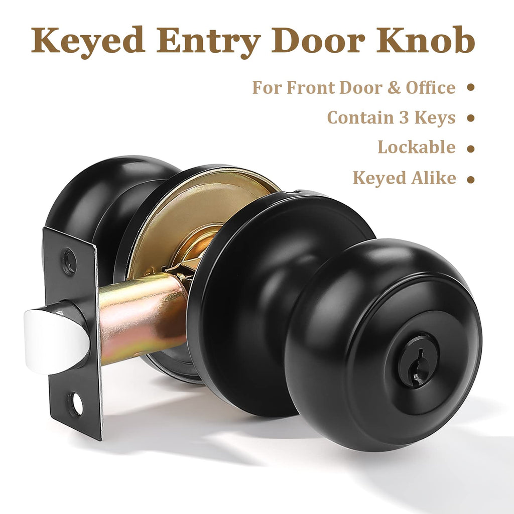6 Pack) Black Round Entry Door Knobs Keyed Alike, Exterior/Interior Door Handles Bedroom Bathroom/Front/Offic Doors