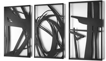 Modern Abstract Metal Wall Art - Minimalist Geometric Line Design Black 3D Textured Wall Sculptures Bedroom Hallway - Set of 3