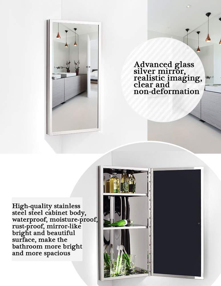 Stainless Steel Corner Bathroom Mirror Cabinet Triangle Locker Wall Cabinet Multipurpose Kitchen Medicine Storage