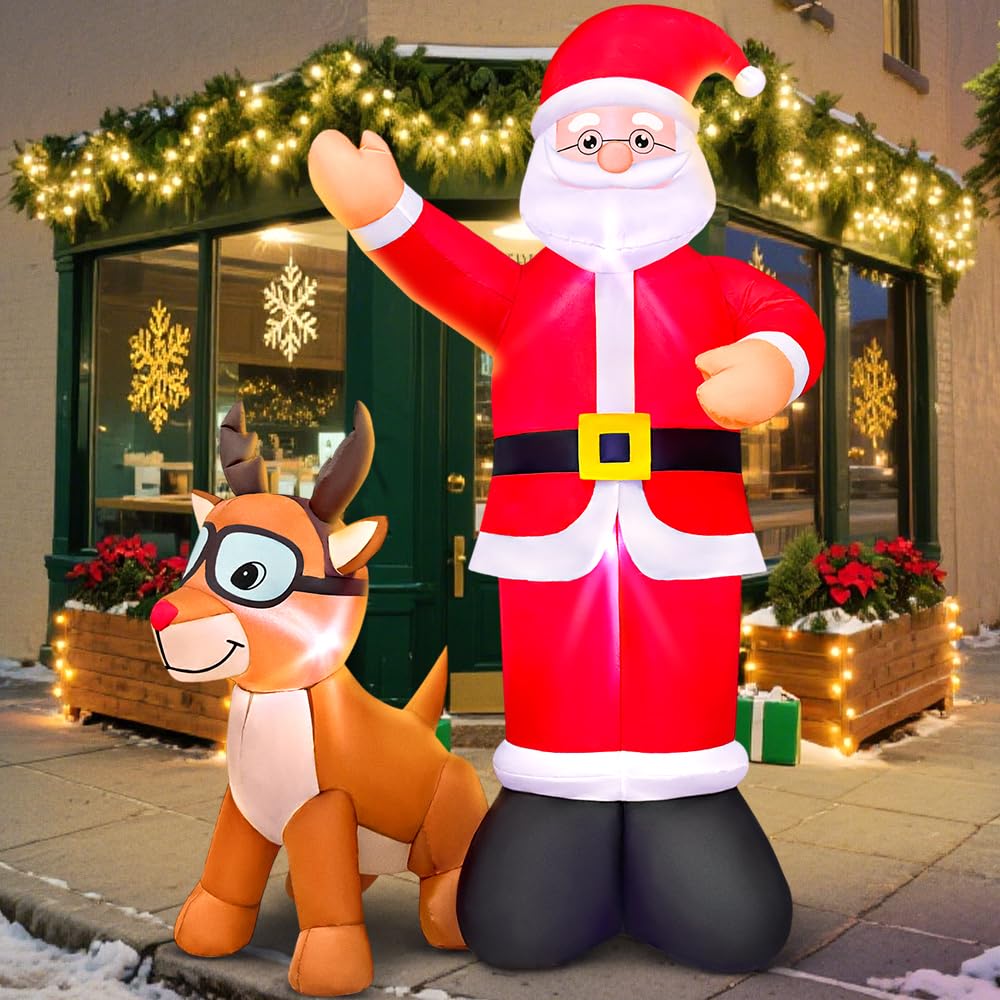 6FT Christmas Inflatables Santa Claus and Reindeer Blow Up Santa Deer Elk Yard Decorations with LED Light Up for Xmas