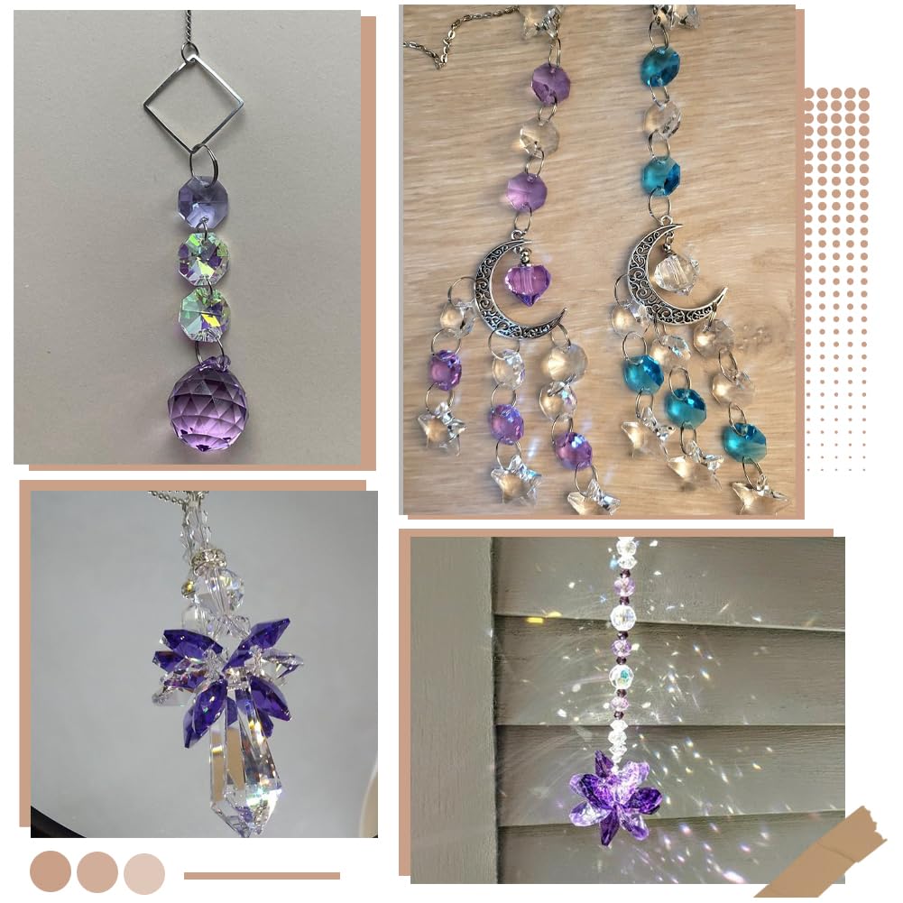 1 Box 120Pcs Glass Octagon Beads 2 Hole Crystal Prism Beads Purple 14mm Chandelier Replacement Connector Suncatcher