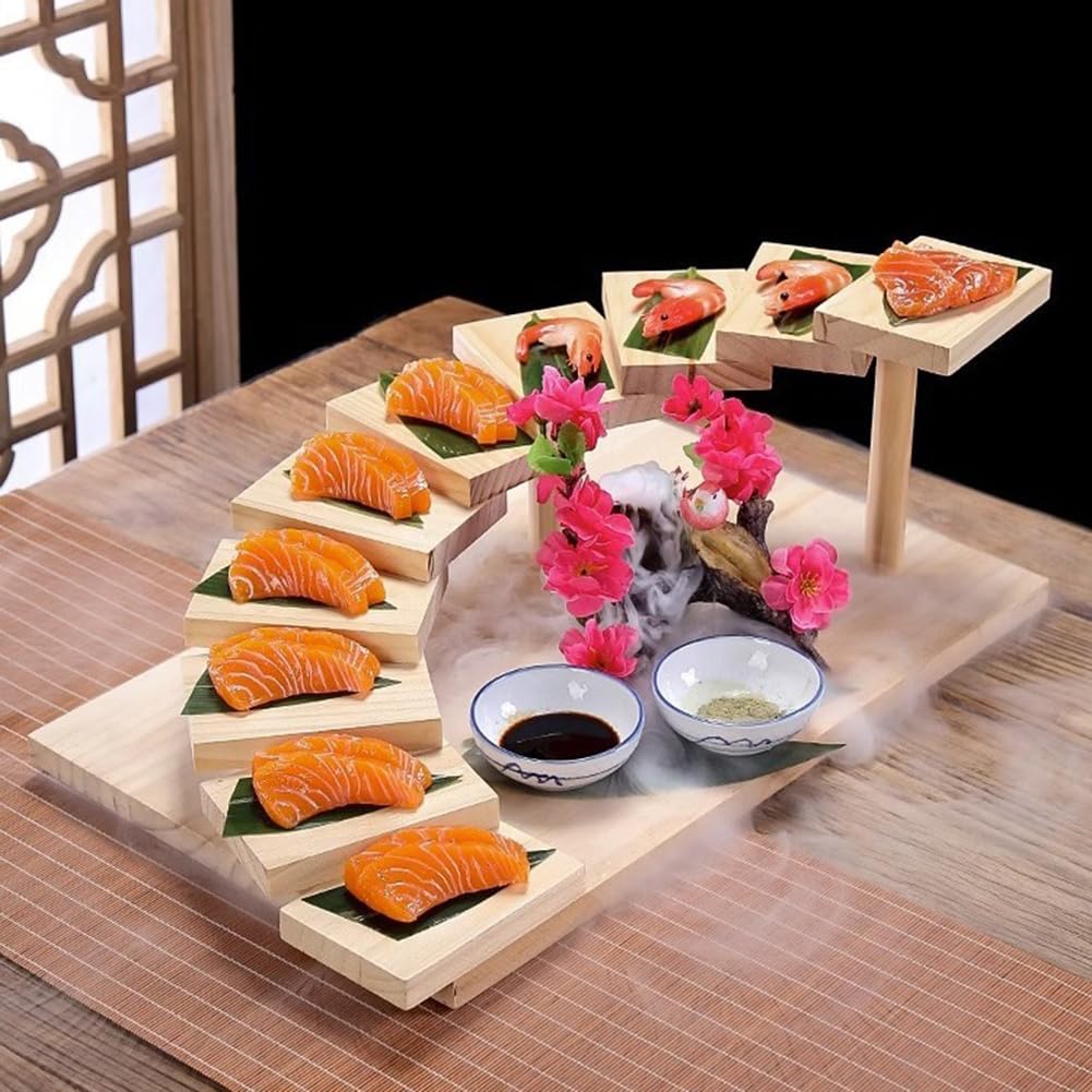 Japanese Wooden Sushi Plate Serving Tray, 12 Steps Stairs Creative Rotating Meat Plate Dish Sushi Sashimi Serving
