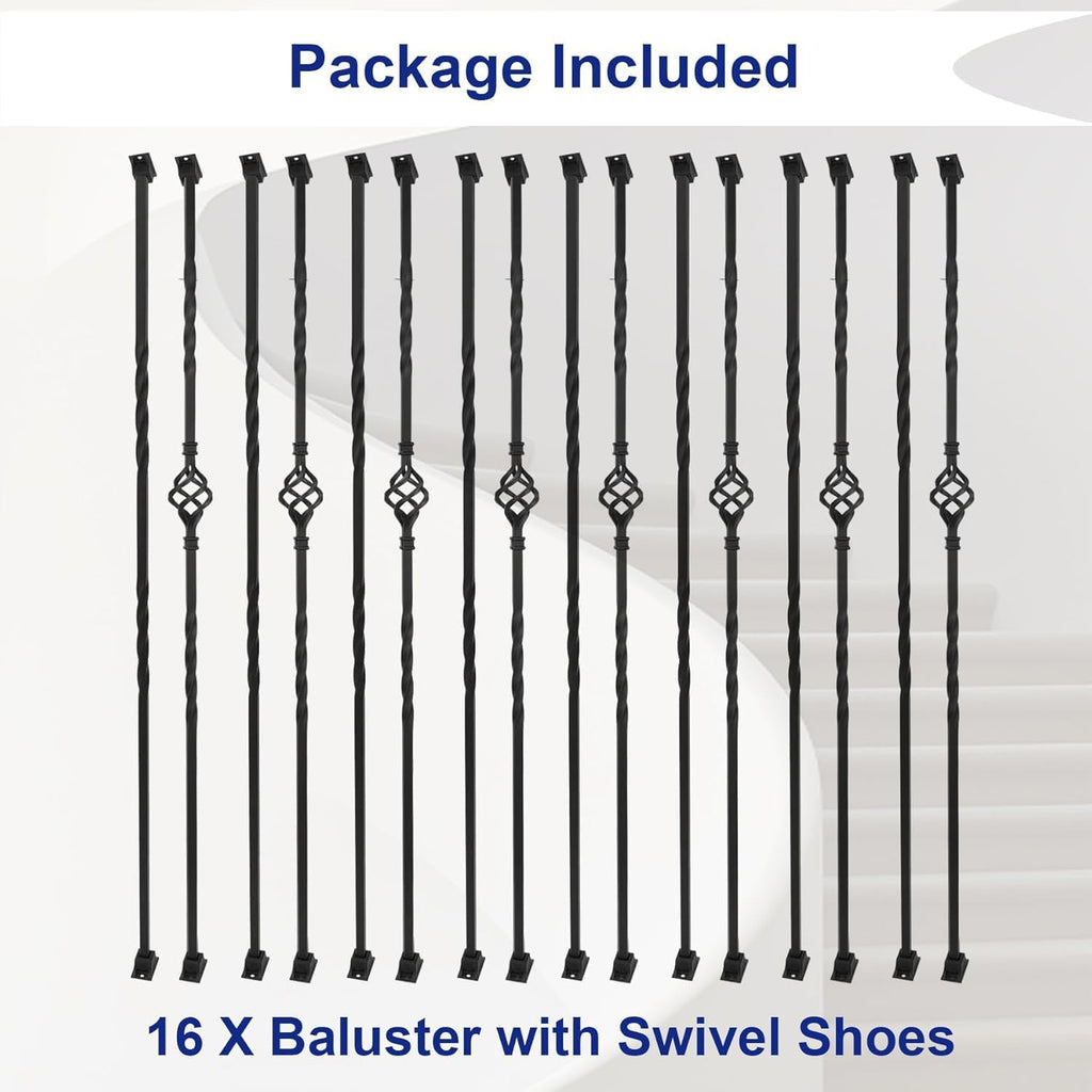 16-Pack Wrought Iron Stair Balusters, 44" Basket Twist Design