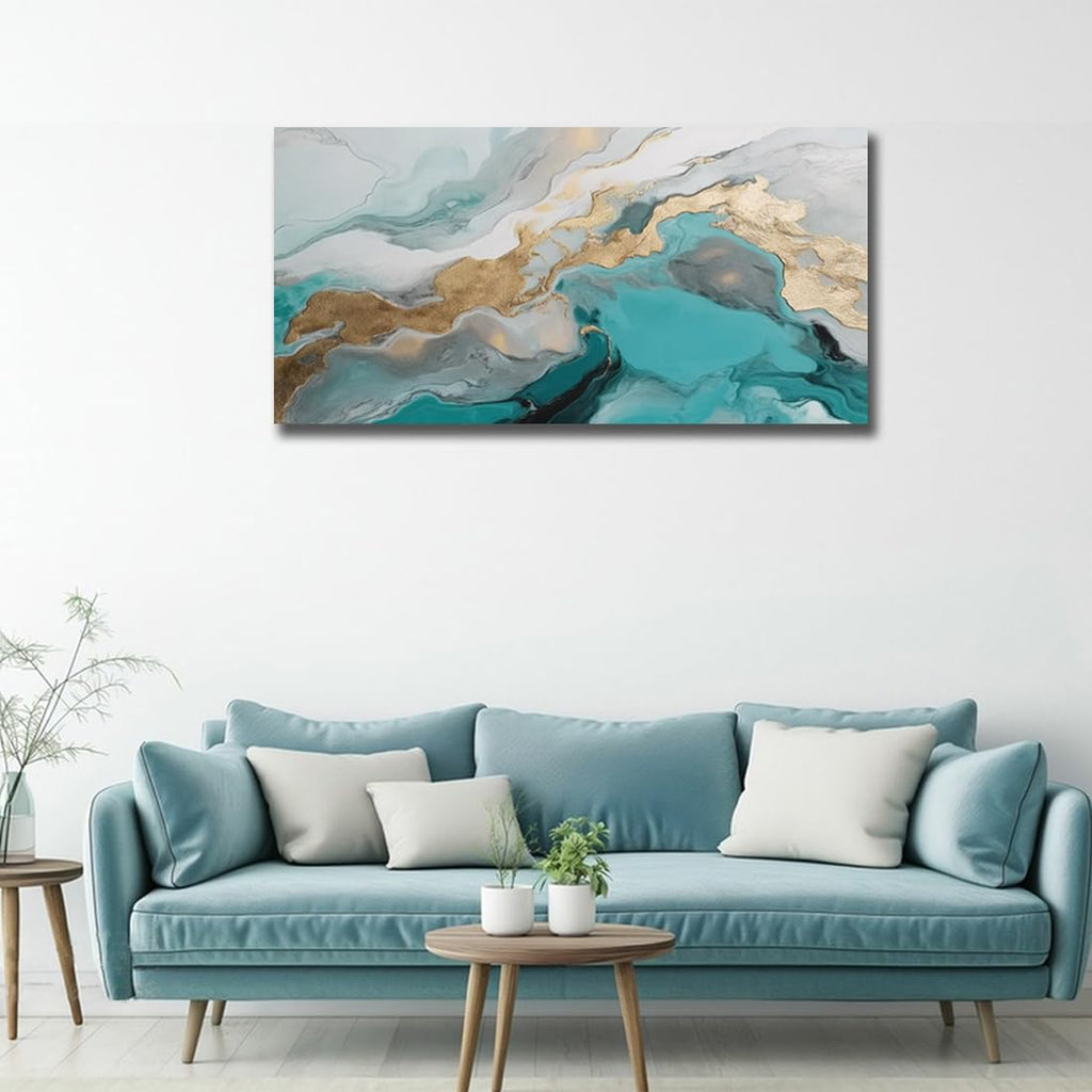 Large Abstract Teal Gold Canvas Wall Art Prints