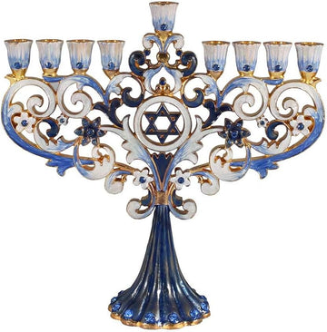 Artistic Chanukah Candle Elegantly Jeweled and Gold Plated Tree Fleur De Lis Menora for Hanukkah (Classic Blue)