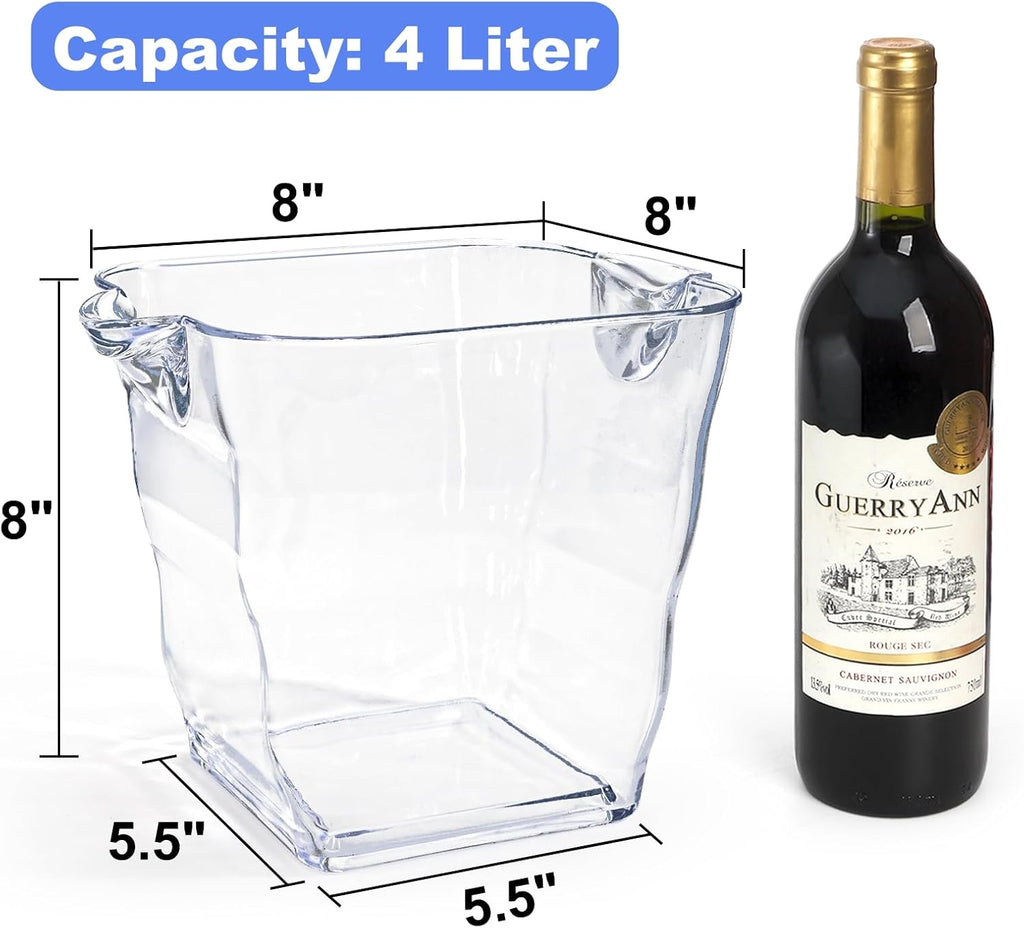 Square Ice Bucket, 4 Liter Plastic Champagne Bucket for Parties, Clear Beverage Tub with Handle Outdoor Bars, Patio