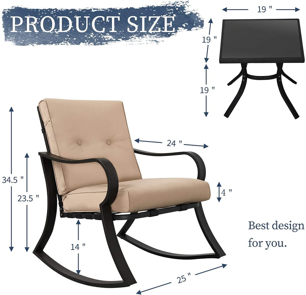 Outdoor Furniture 3 Piece Conversation Bistro Set Rocking Chairs and Glass Top Table, Thick Cushions, Black Steel