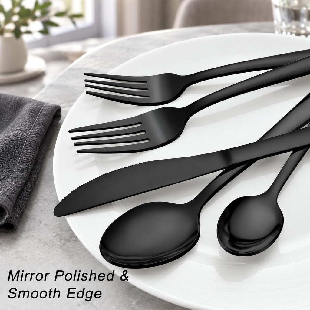 72P Black Silverware Set for 12 - Stainless Steel Flatware Set with Mirror Polish, Black Silverware Set Including
