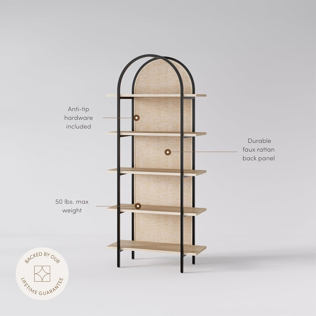 Amara Bohemian 5-Shelf Etagere Bookcase, Rattan Open Bookshelf with Arch Top, Light Oak/Matte Black