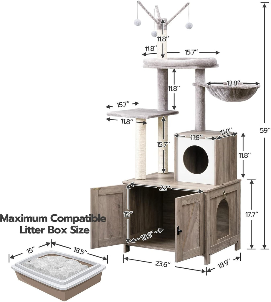 Cat Tree Tower with Litter Box Enclosure Indoor, Wooden Cat Condo with Scratching Posts, Litter Box Furniture Hidden