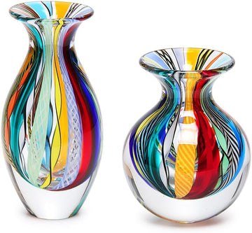 Murano Style Glass Vases Hand Blown Colored Canes Boho Effect Home Decor - Set of 2
