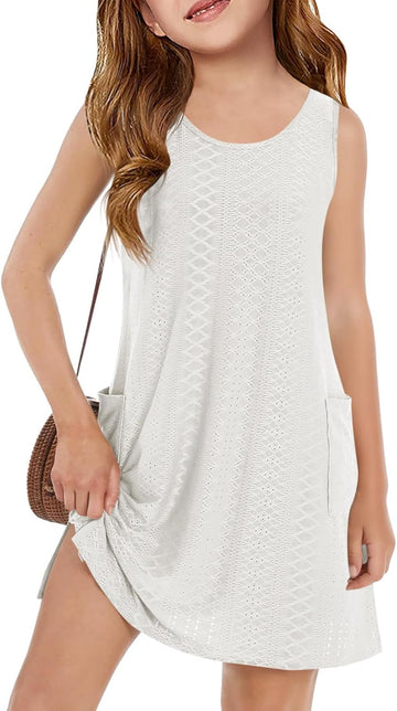 Girls Swim Cover Up Eyelet Sleeveless Summer Beach Dress