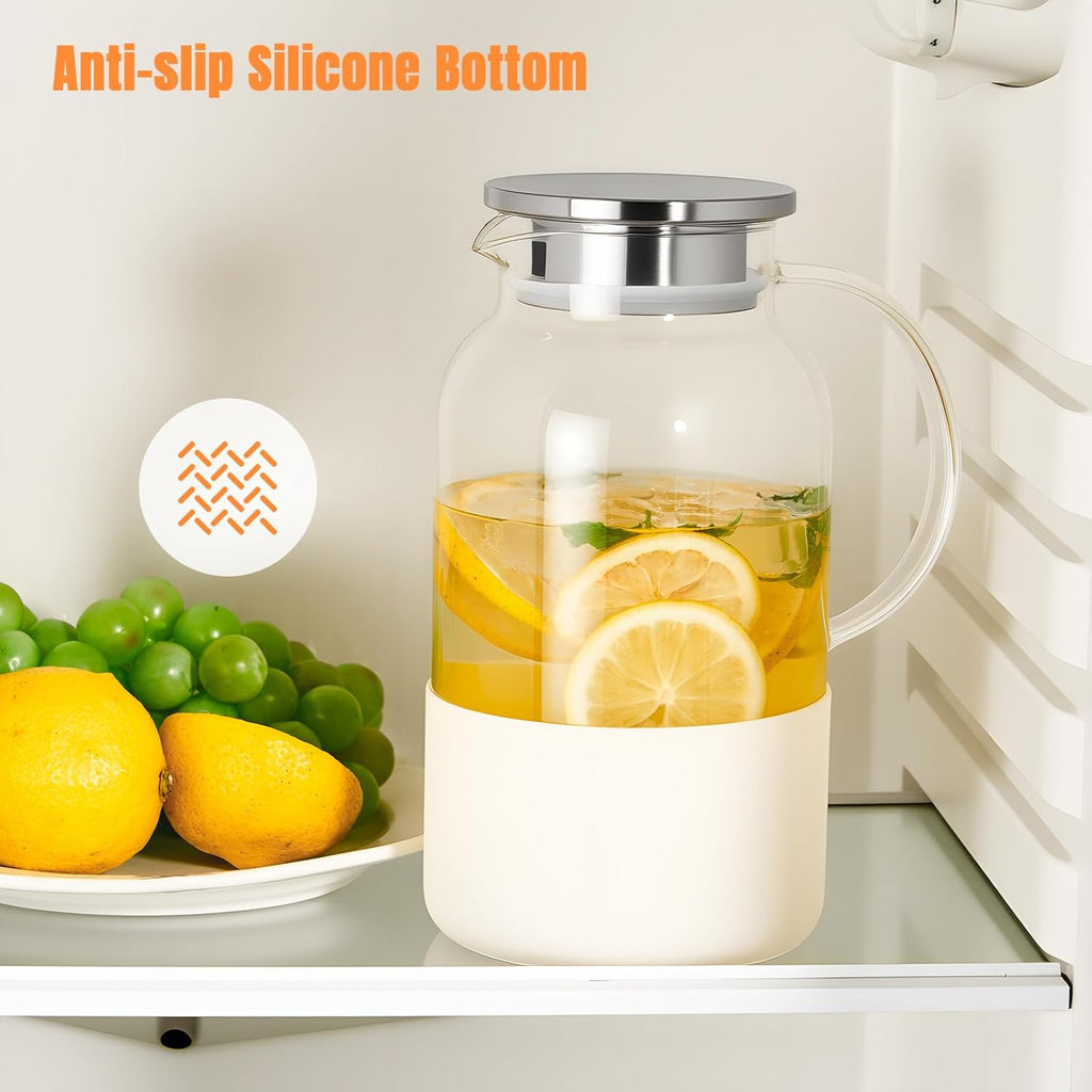 Water Jug Water Pitcher with Silicone Base 61oz/ 1.8L, Hot& Cold Glass Pitcher with Lid and Handle, Glass Carafe with