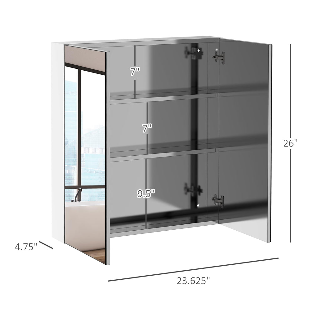 Bathroom Mirrored Cabinet, Stainless Steel Frame, 24"x26", Silver