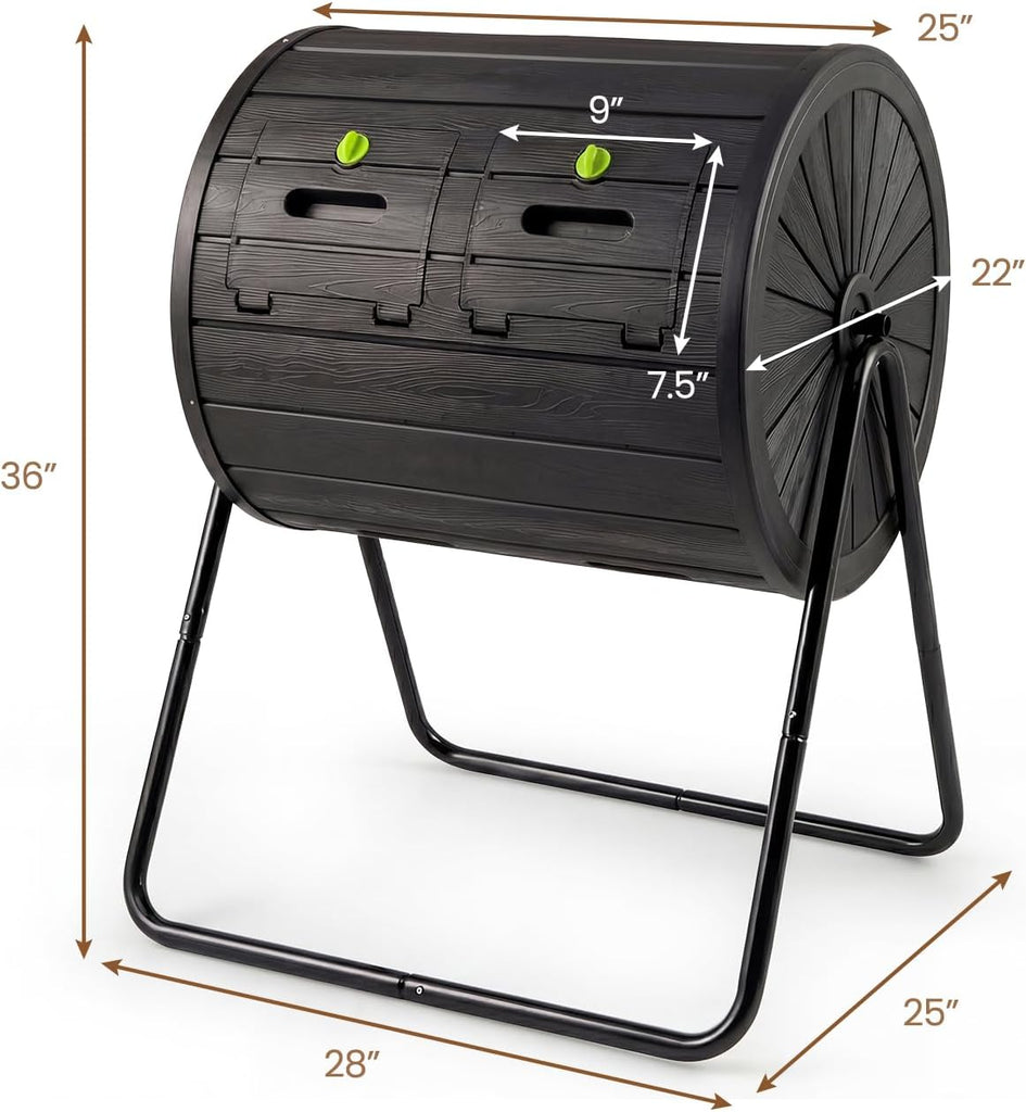 37.5 Gallon Outdoor Dual Chamber Compost Tumbler, Black | BPA-Free Rotating Composter with 2 Lockable Doors, Easy