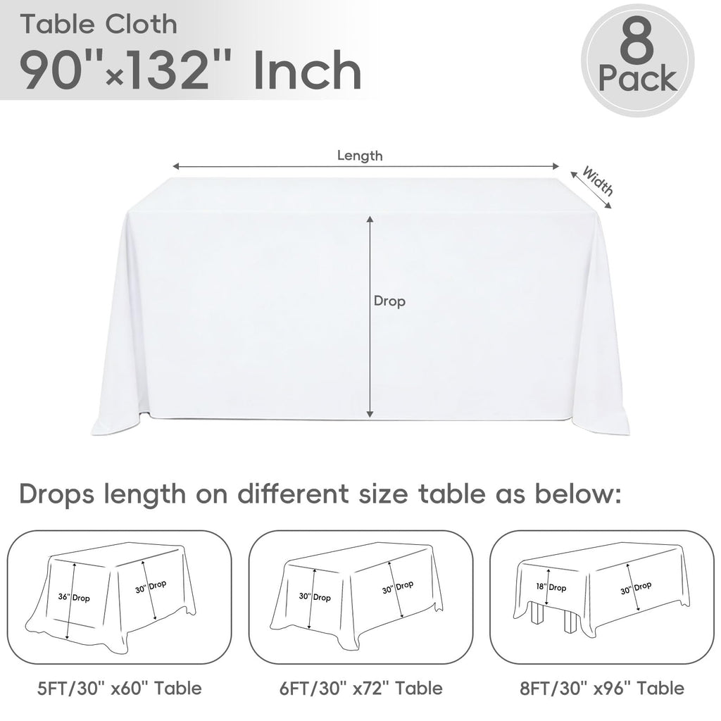 8 Pack White Rectangle Table Cloth 90 x 132 Inch For 6 Foot Tables