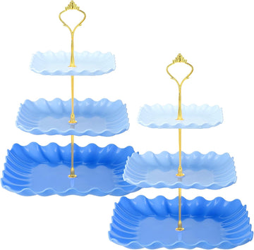Scalloped Cupcake Stand Dessert Plates Plastic Square Tiered Serving Stand Display Tower for Wedding, Birthday - Set of 2