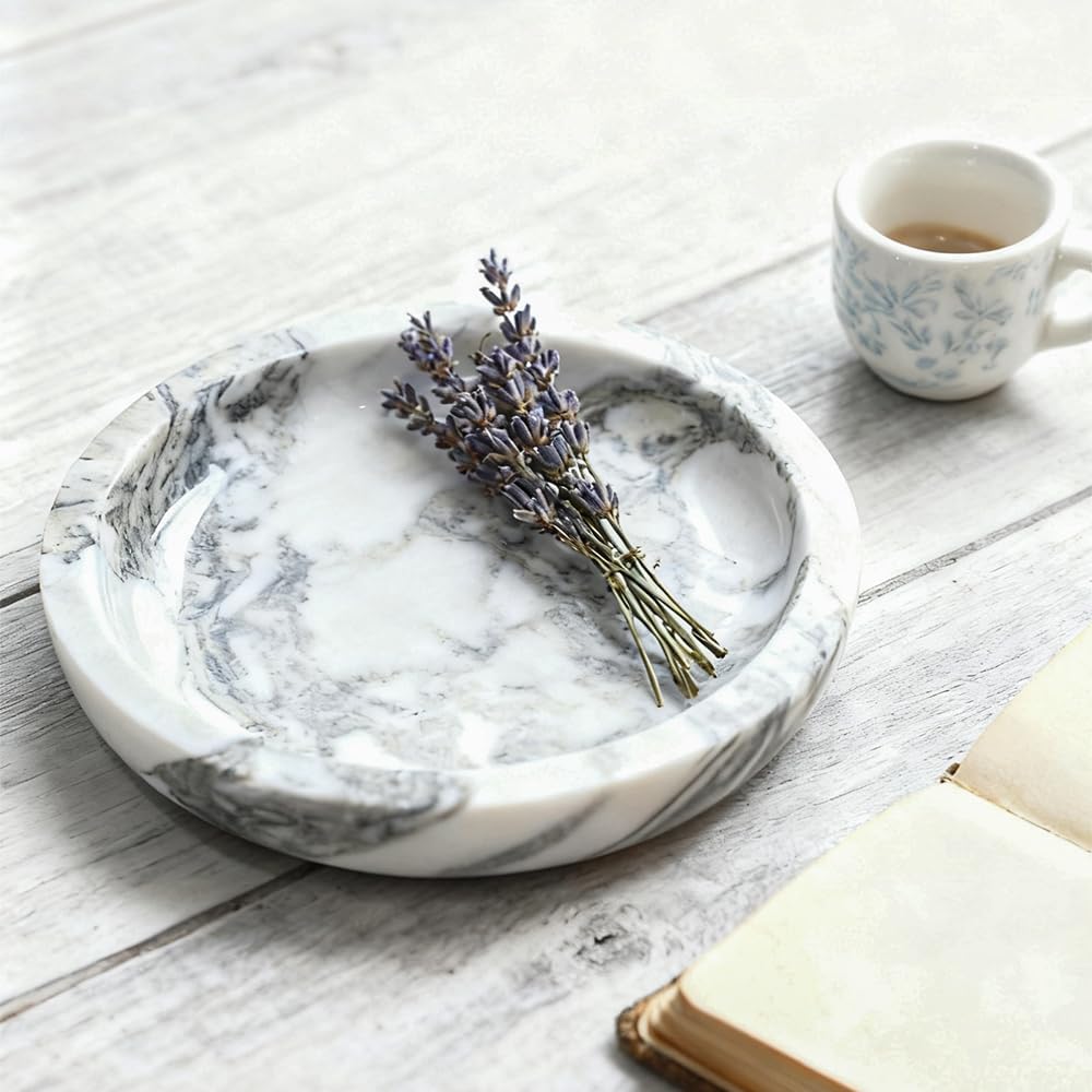 5.5" Marble Jewelry Tray for Vanity, Trinket Dish for Rings Earrings Necklace Keys, Natural Marble Decorative Tray
