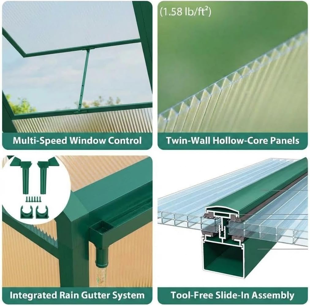 8x12ft Walk-in Greenhouse, Heavy Duty Large Outdoor Green House | Polycarbonate Garden Greenhouse with Roof Vent