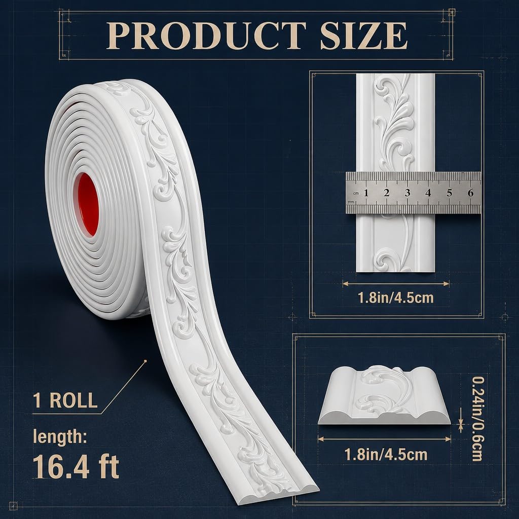 Peel and Stick PVC Crown Molding Trim 16.4 Ft x 1.8" Home Decor, White