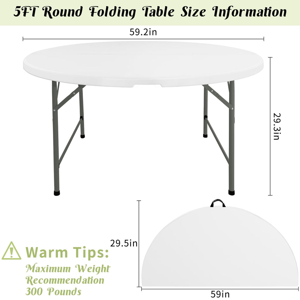 5 FT Round Folding Tables White Foldable Table, Fold-in-Half with Carrying Handle Portable Plastic Table for Party
