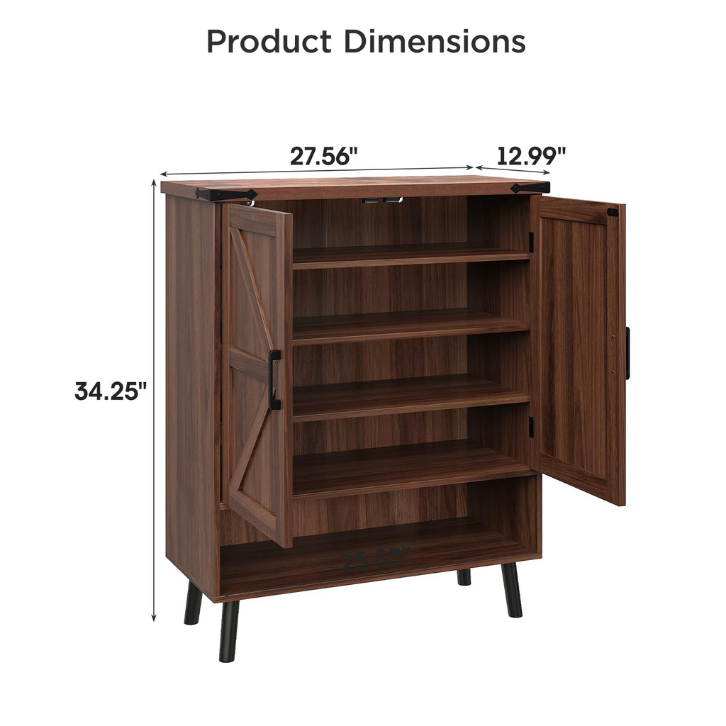 34" Tall Farmhouse Shoe Storage Cabinet with Barn Doors, Walnut
