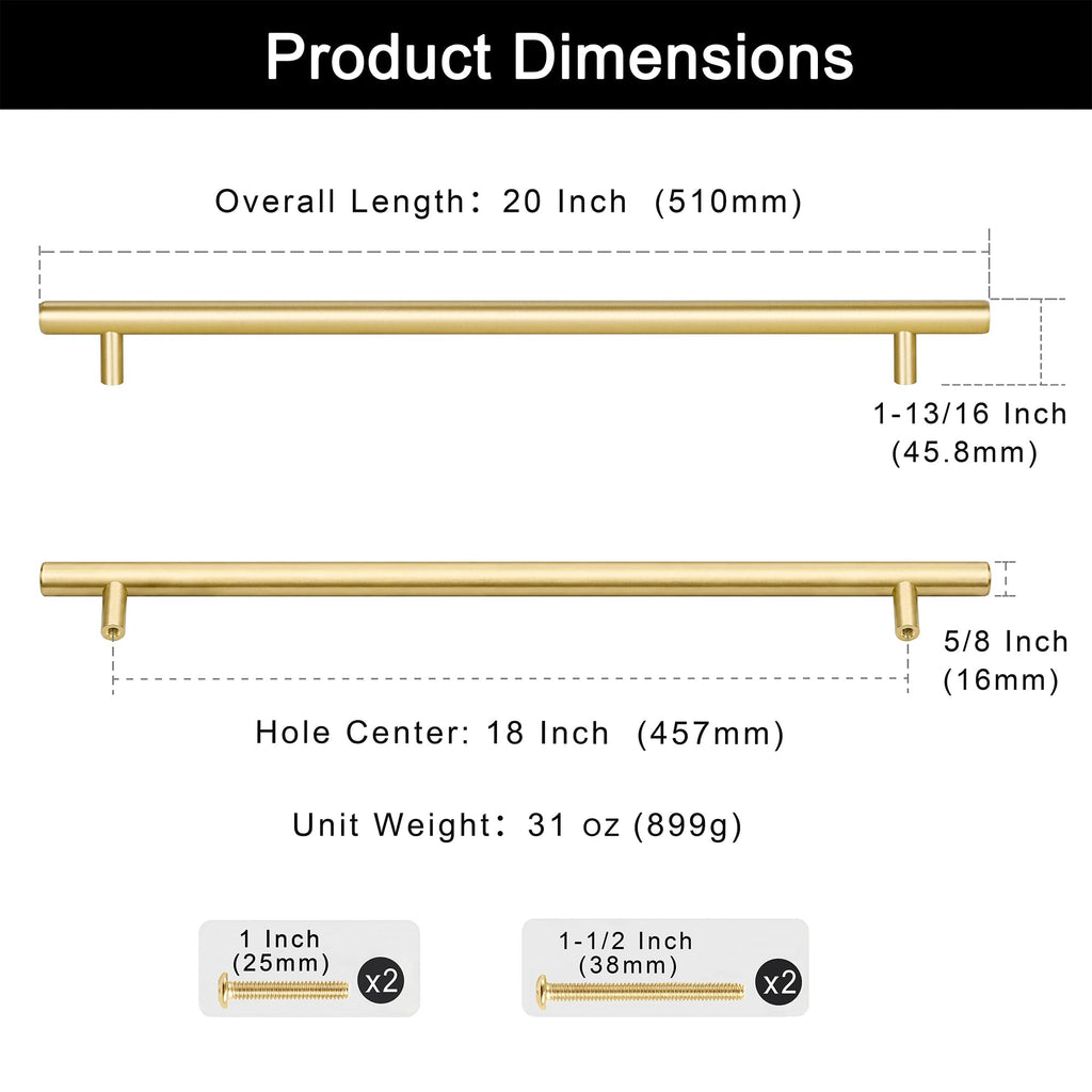 Solid Brass Appliance Pull, Brushed Gold Handle, 18" Hole Centers