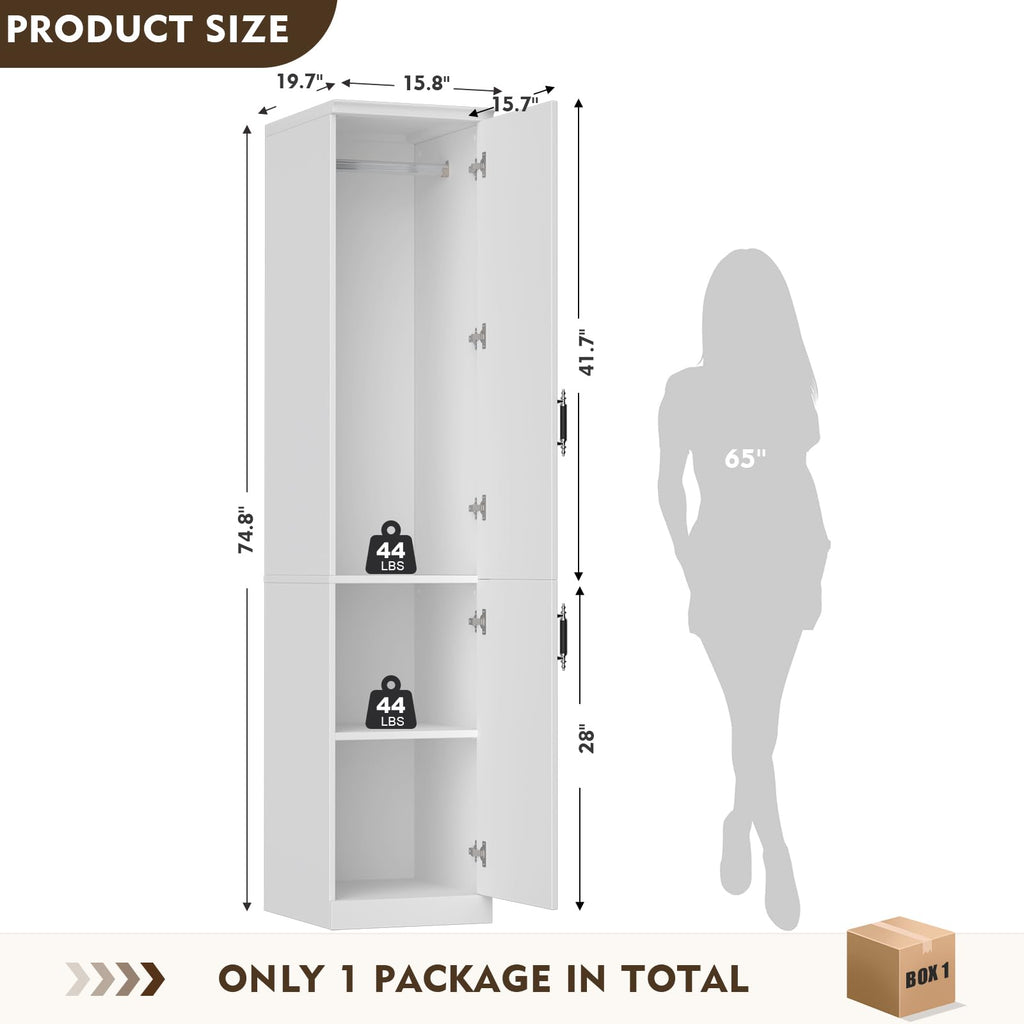 Armoire Wardrobe Closet with 2 Door & Shelves, 74.8" Large Wardrobe Cabinet with Hanging Rod, Freestanding Modern