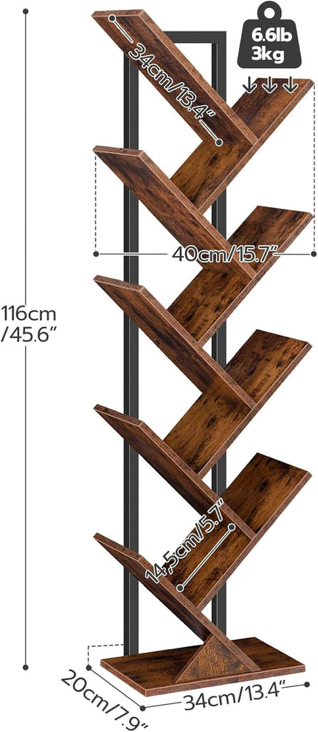 Tree Bookshelf, 9-Tier Bookcase Wooden Shelves, Floor Standing Storage Rack, for Display of CDs, Books