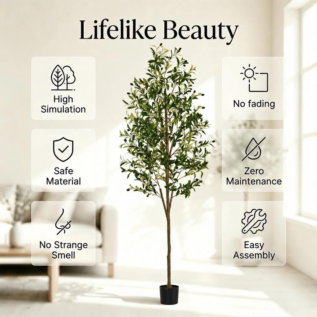 Artificial Olive Tree, 7FT Faux Olive Trees with Lifelike Olive Branches and Fruits, Fake Floor Plants with Pot for