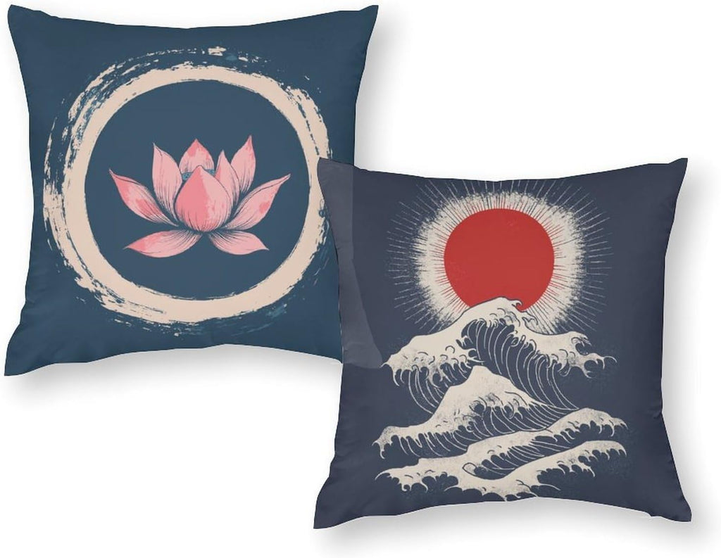 Oriental Block‐Print Sakura Cat Art Throw Pillow Covers, Double‐Sided Printed Square Cushion Cases - Set of 2