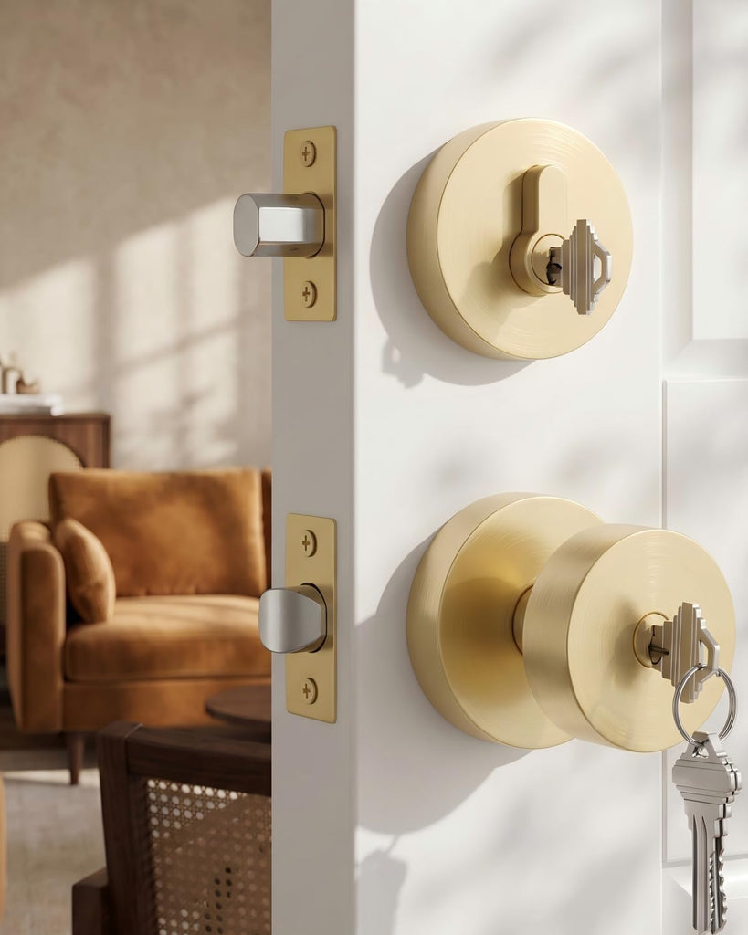 Brushed Gold Entry Door Knobs with Deadbolt Zinc-Alloy (3 Pack)
