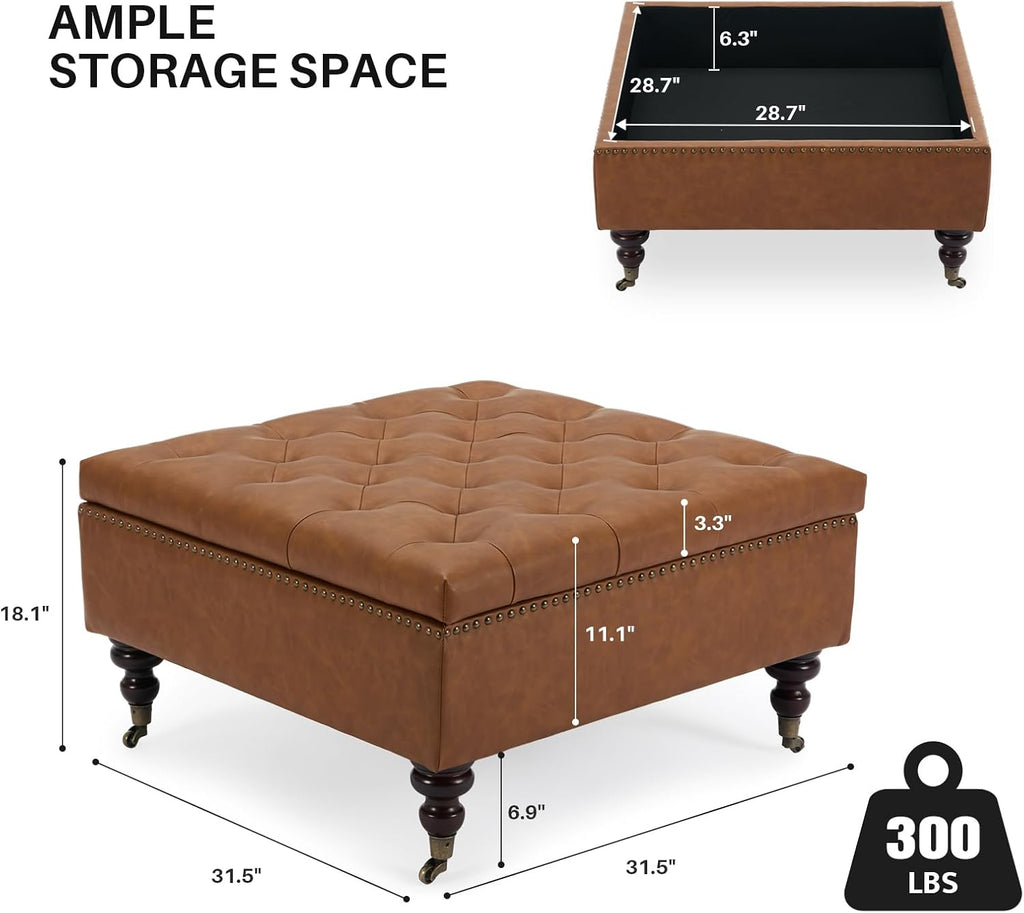 Large Square Storage Ottoman Uphlostered PU Button Coffee Table, Brown | Oversized Footrest Bench With Castered