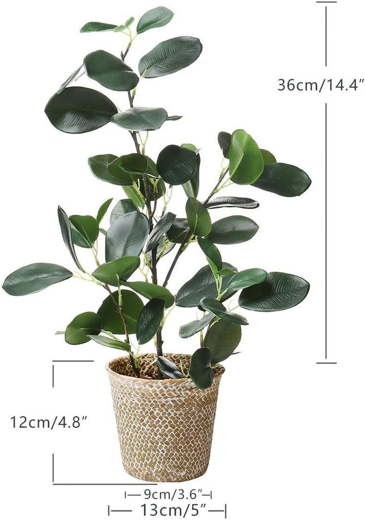 Artificial Ficus Tree Small Fake Plants in Weaved Pot 20" Height Desktop Decor Indoor Home Office Ins Style (Green, 1)