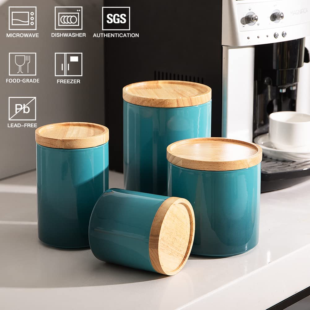 Ceramic Food Storage Jar, Stackable Kitchen Canisters, Containers with Airtight Seal Wooden Lid for Serving Coffee