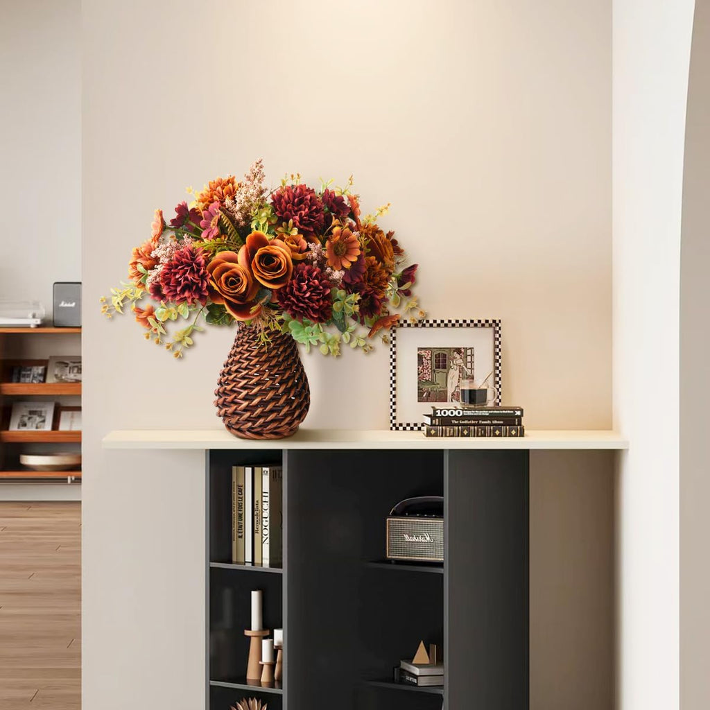 Fall Artificial Faux Flowers in Vase Fake Silk Rose Bouquets Indoor Decor - Set of 4
