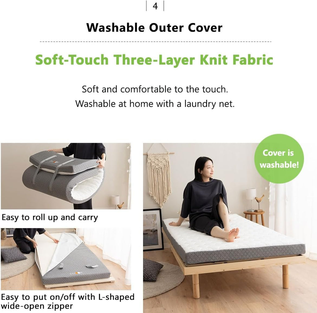 Japanese Futon Mattress Roll-Type Relax-2 Twin, High-Resilience Removable & Washable Cover Guest use Tatami Floor