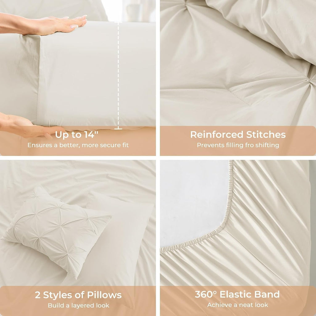 Sasttie King Comforter Set, 7-Piece Bed in a Bag, Pintuck Bedding Sets for All Season, Includes Comforter, Flat Sheet