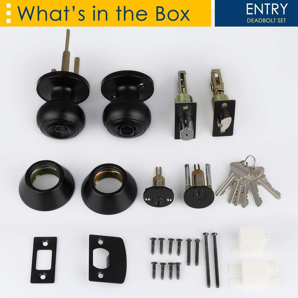 4 Pack Keyed Alike Entry Door Knobs and Double Cylinder Deadbolt Lock Combo Set, Matte Black Finished Door Lock Set