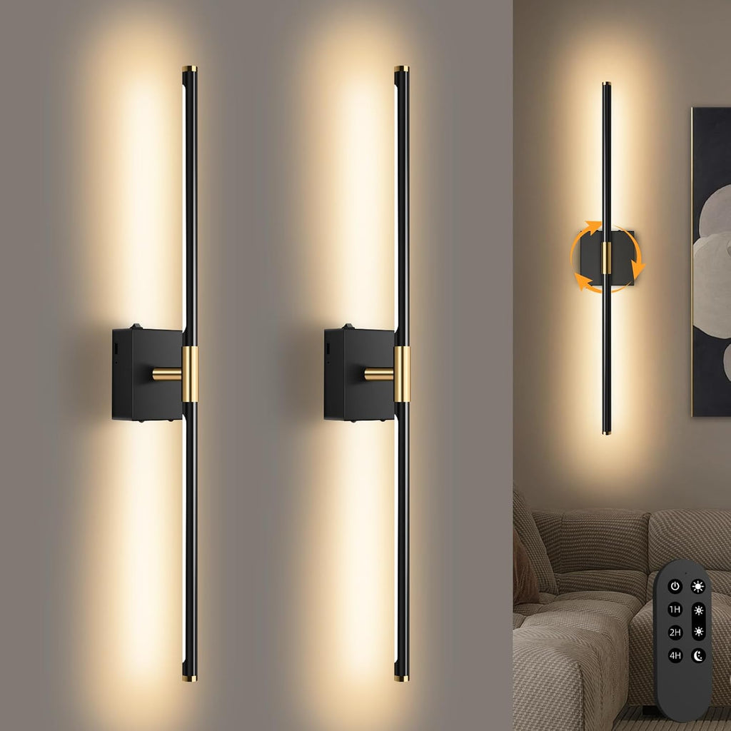 Wall Sconces Set of 2 Battery Operated, Wireless USB Rechargeable Wall Lights with Remote Control, 360° Rotation