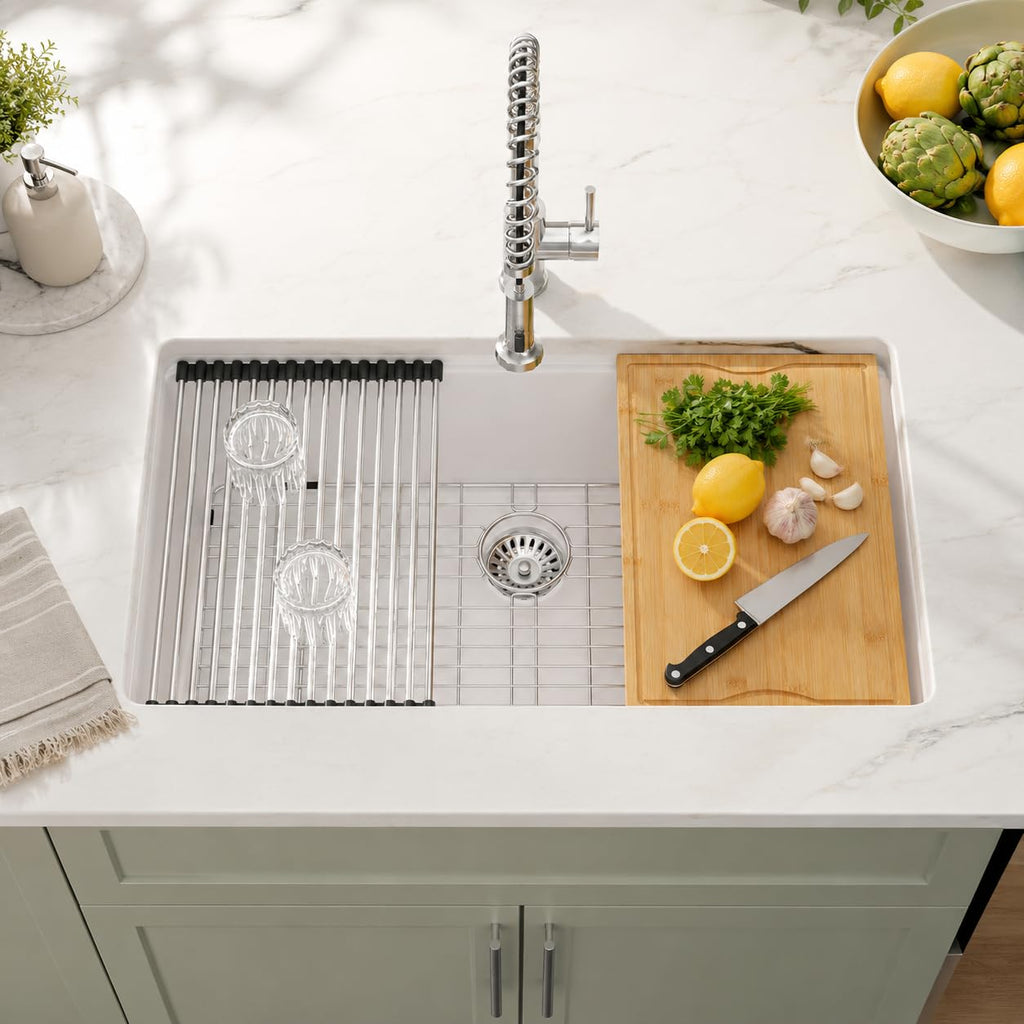 33 In. White Granite Composite Undermount Kitchen Sink Single Bowl Workstation, Quartz 33 Inch Kitchen Sink, 33" x