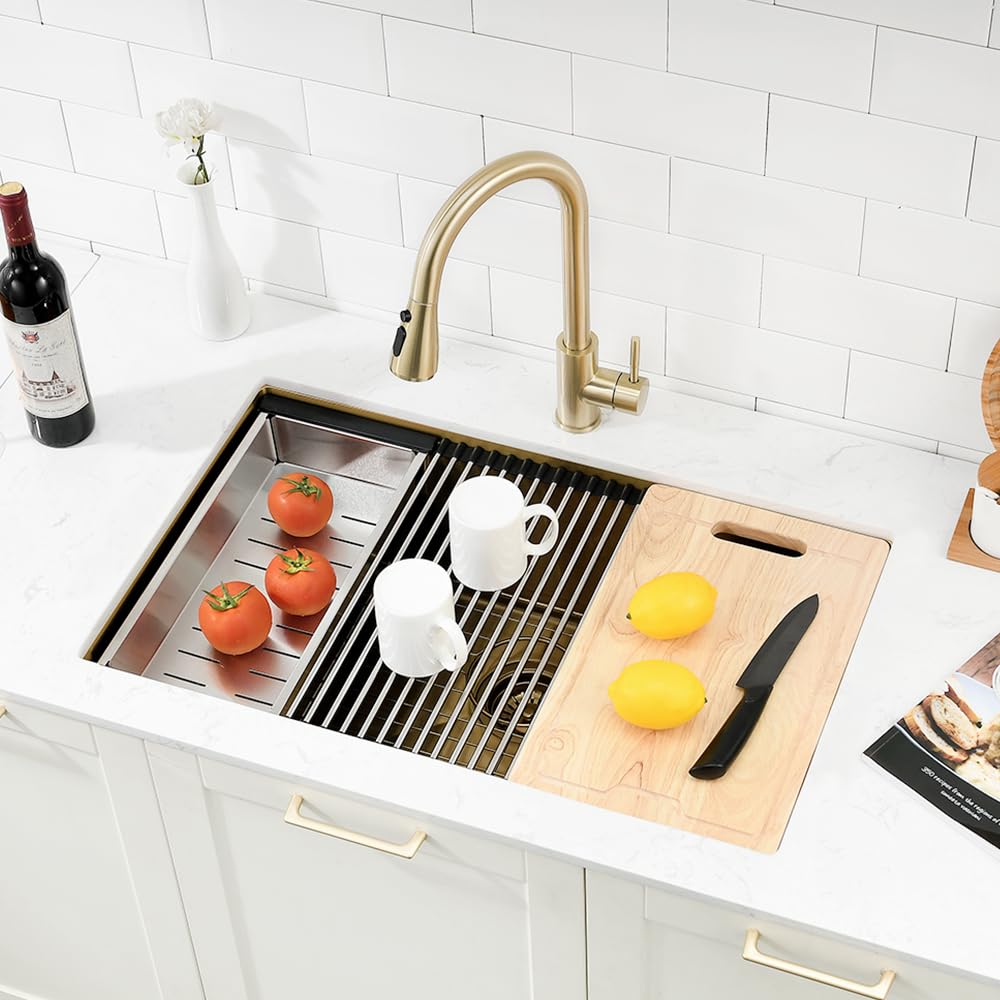 30 Inch Undermount Gold Kitchen Sink, 30x19 Undermount Workstation Sink 16 Gauge Stainless Steel Single Bowl