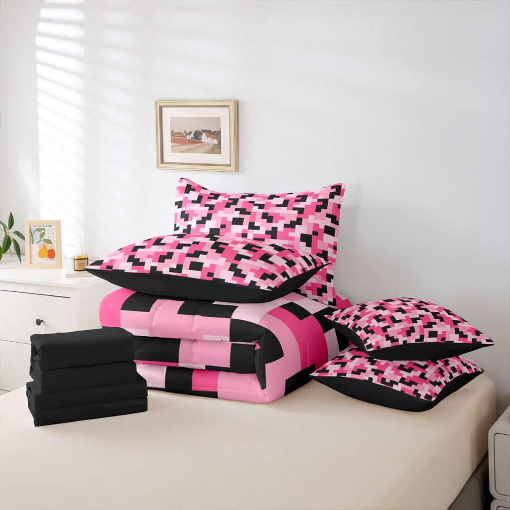 Pink Pixcel 7 Pcs Comforter Set, Block Building Bed in a Bag with Fitted Sheet & Pillowcases, Soft