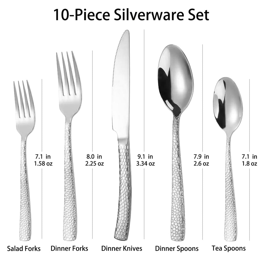 Hammered Silverware Set for 2, 10 Pieces Stainless Steel Luxury Flatware Set, Cutlery Tableware Set, Kitchen Utensils