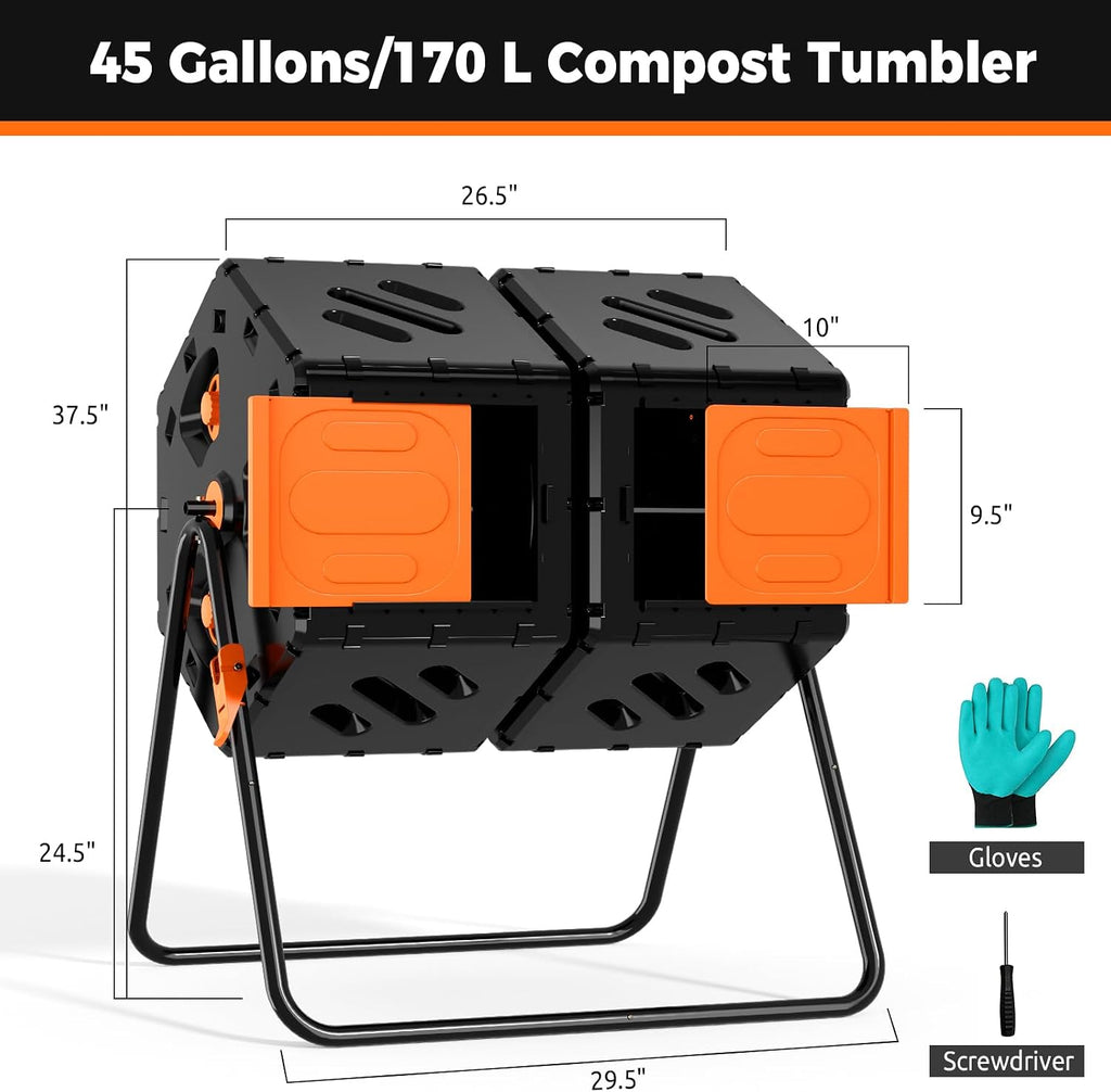 45 Gallon Large Compost Tumbler Outdoor, Dual Chamber Compost Bin | 360° Tumbling, Snap-Together Assembly, Heavy Duty