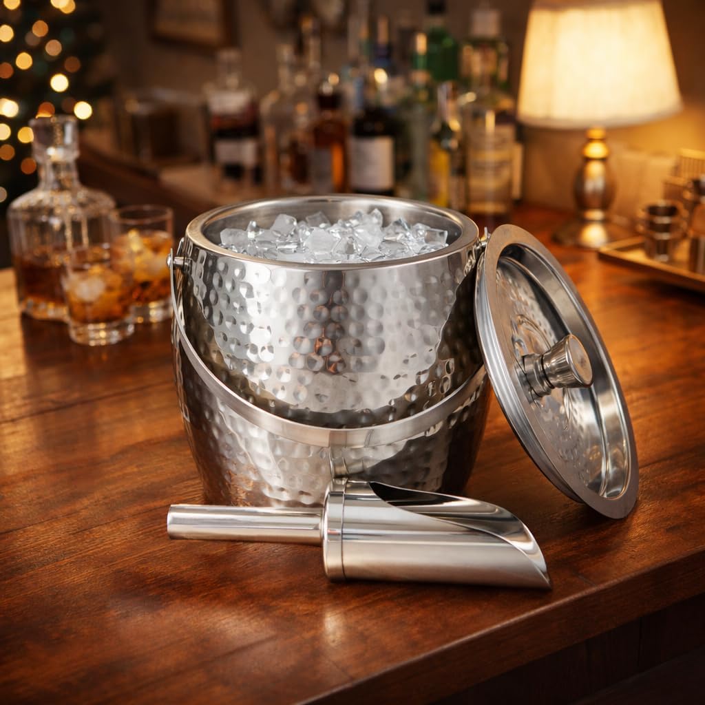 Insulated Ice Bucket with Lid & Scoop for Champagne Silver 3QT