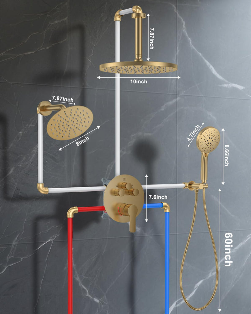 Shower System with Pressure Balance Valve, 10" Ceiling Mount Shower Faucet Set with 2 Rain Shower Head