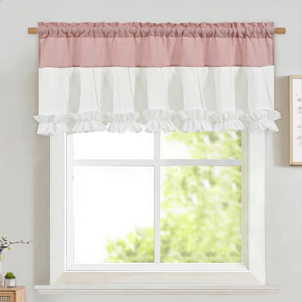 Pink and White linen ruffle valance for windows - Casa Home Living