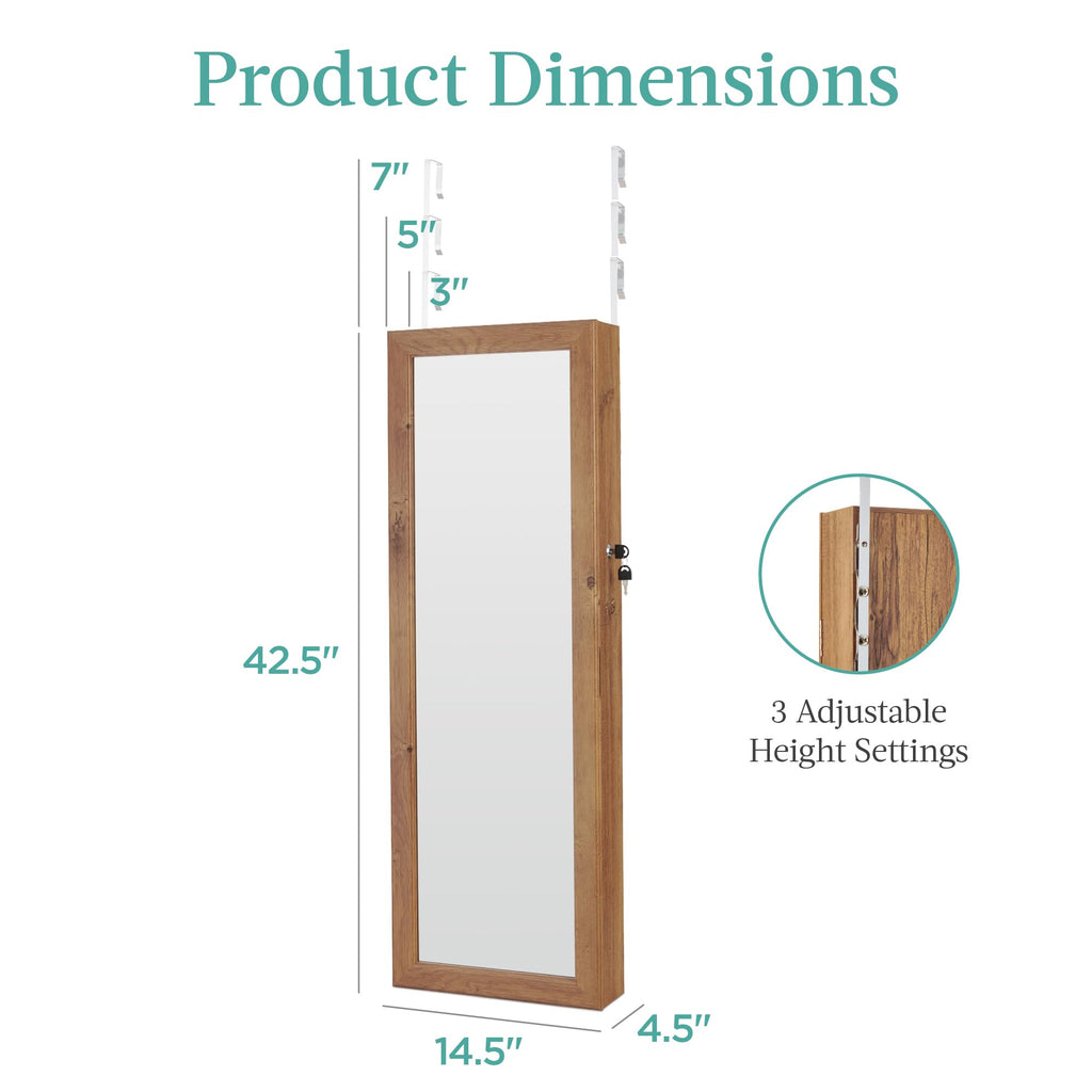LED Mirror Jewelry Cabinet, Tall Lockable Wall or Door Mounted Jewelry Armoire Organizer with Mirror, 2 Drawers